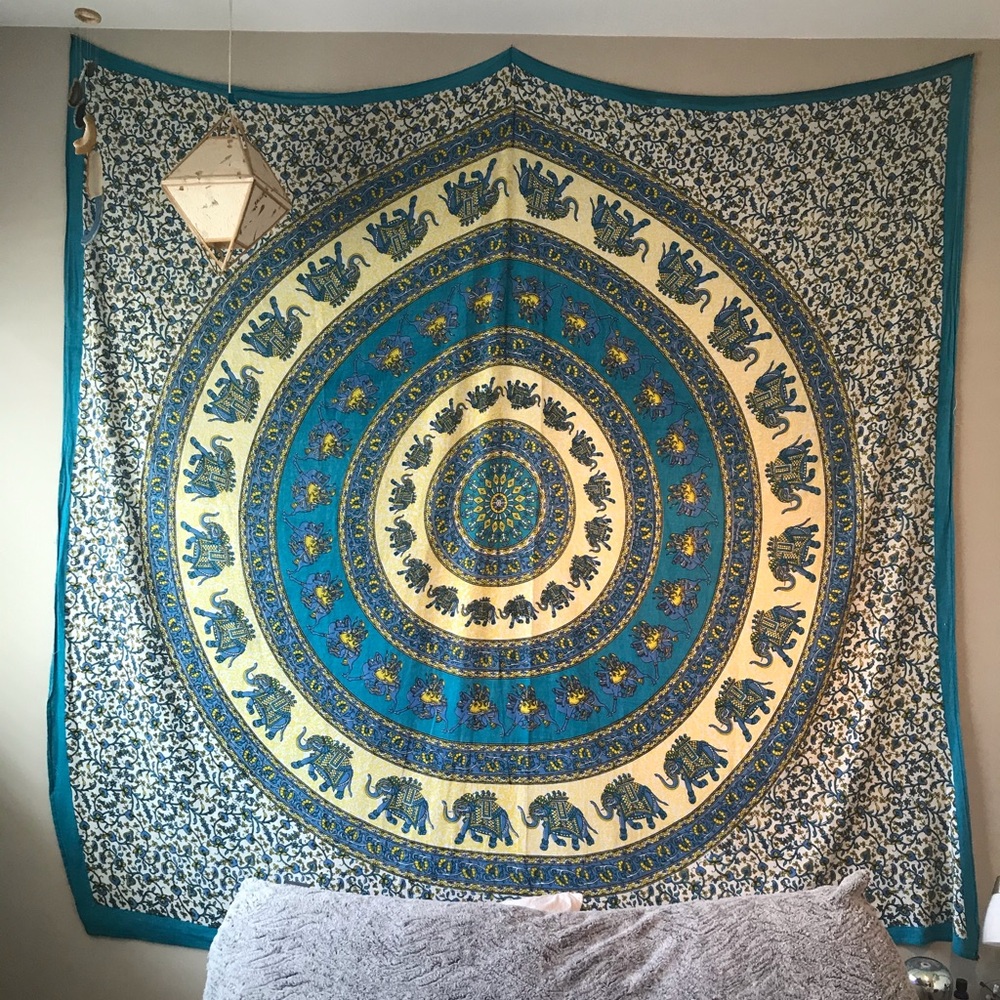 Blue/yellow elephant mandala tapestry